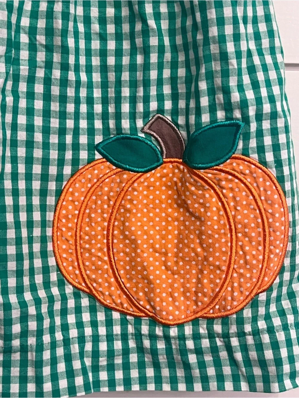 Green Gingham Girls' Dress with Orange Pumpkin Embroidery Perfect Fall Dress